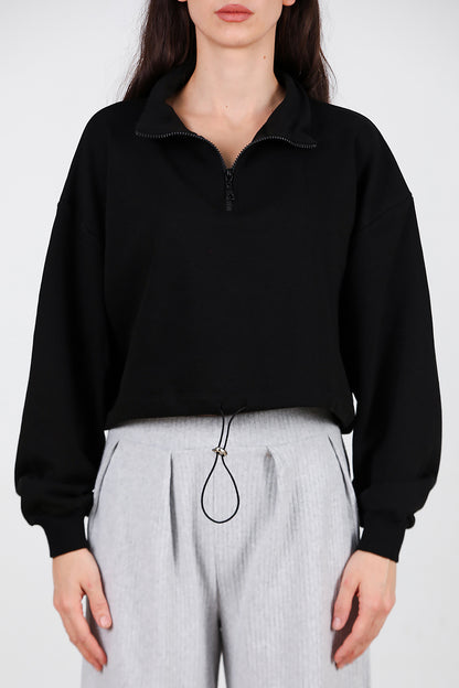 Kadın Yarım Fermuar Dik Yaka Bel Lastikli Sweet Siyah