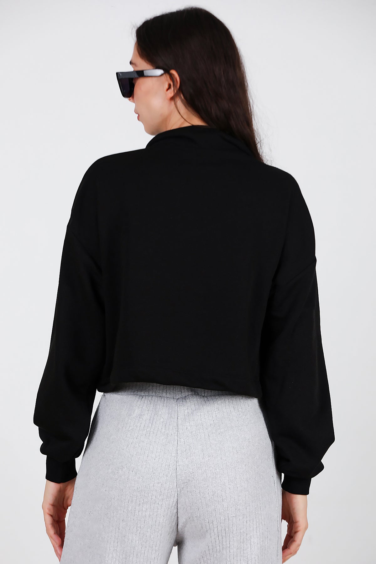 Kadın Yarım Fermuar Dik Yaka Bel Lastikli Sweet Siyah