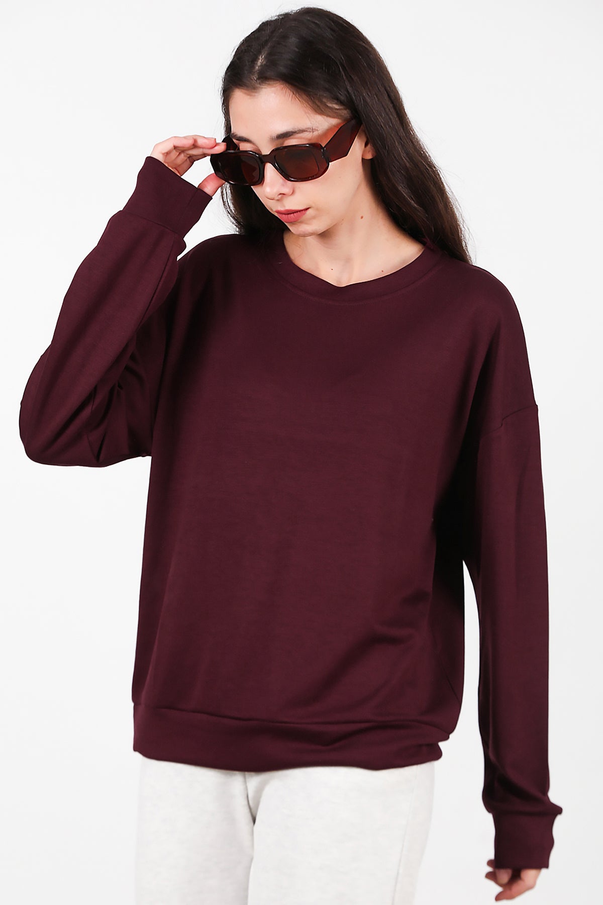 Kadın Bisiklet Yaka Sweat Bordo