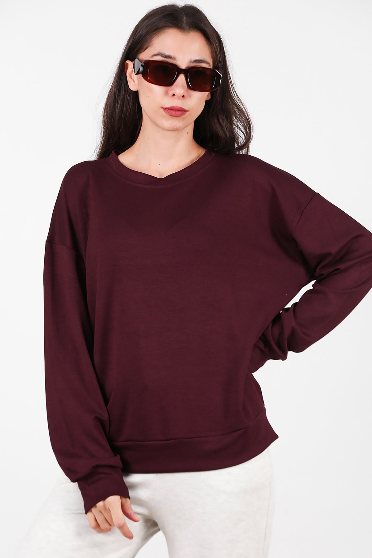 Kadın Bisiklet Yaka Sweat Bordo