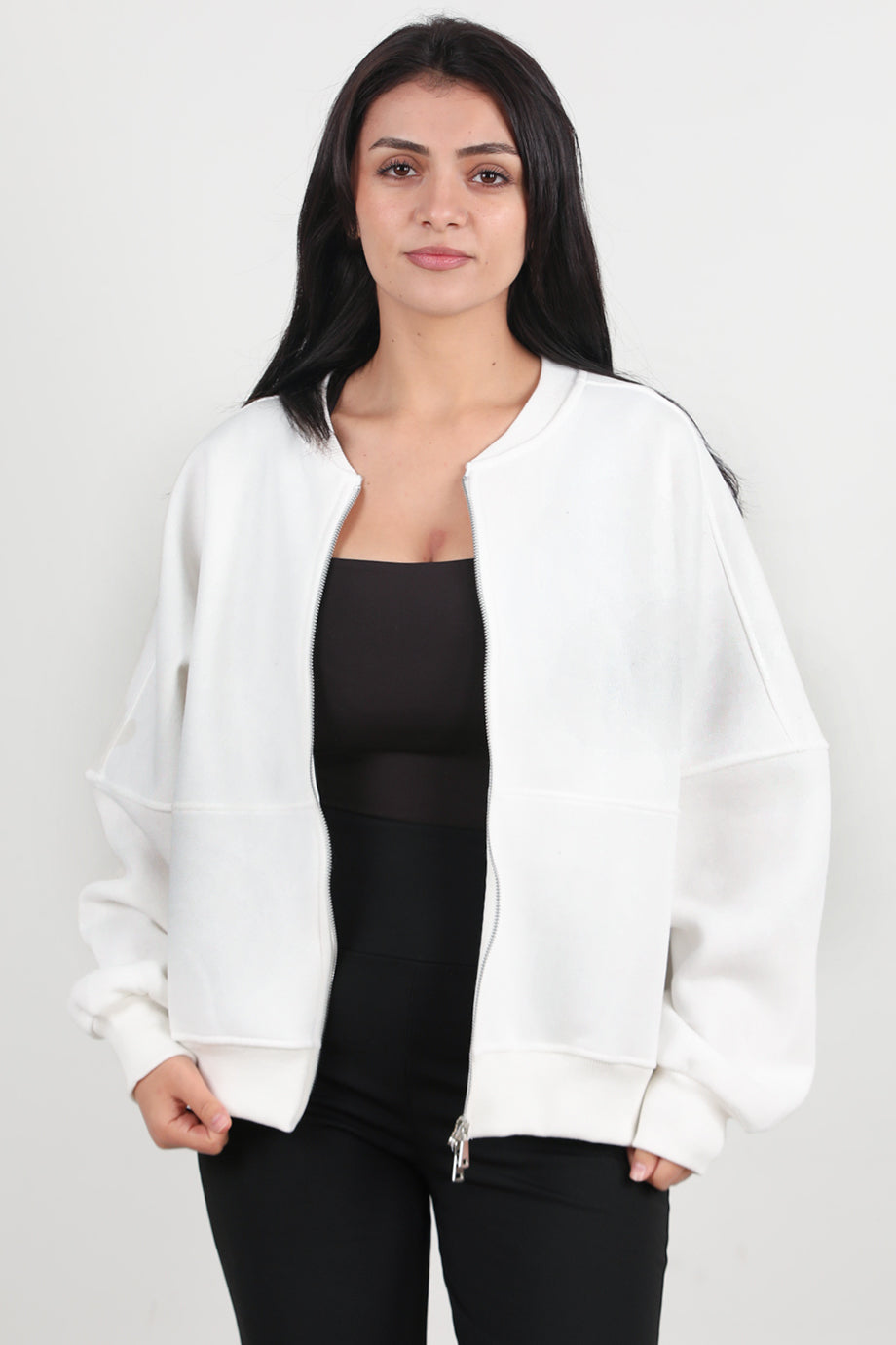 Zipperon Kadın Önü Fermuarlı Parçalı Sweat Beyaz