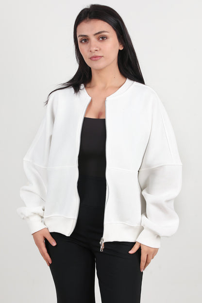 Zipperon Kadın Önü Fermuarlı Parçalı Sweat Beyaz