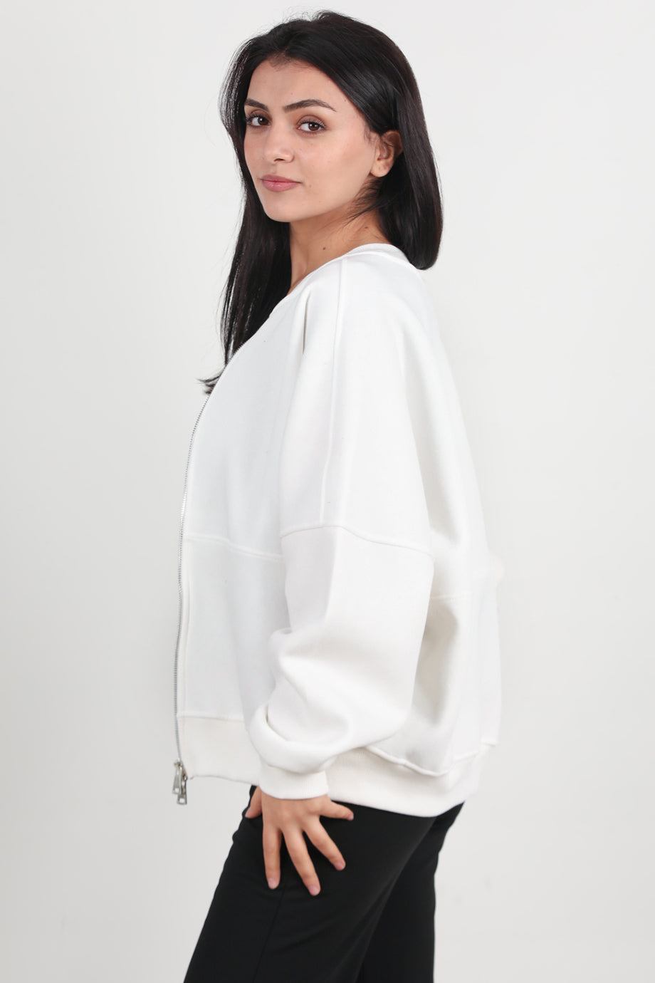 Zipperon Kadın Önü Fermuarlı Parçalı Sweat Beyaz