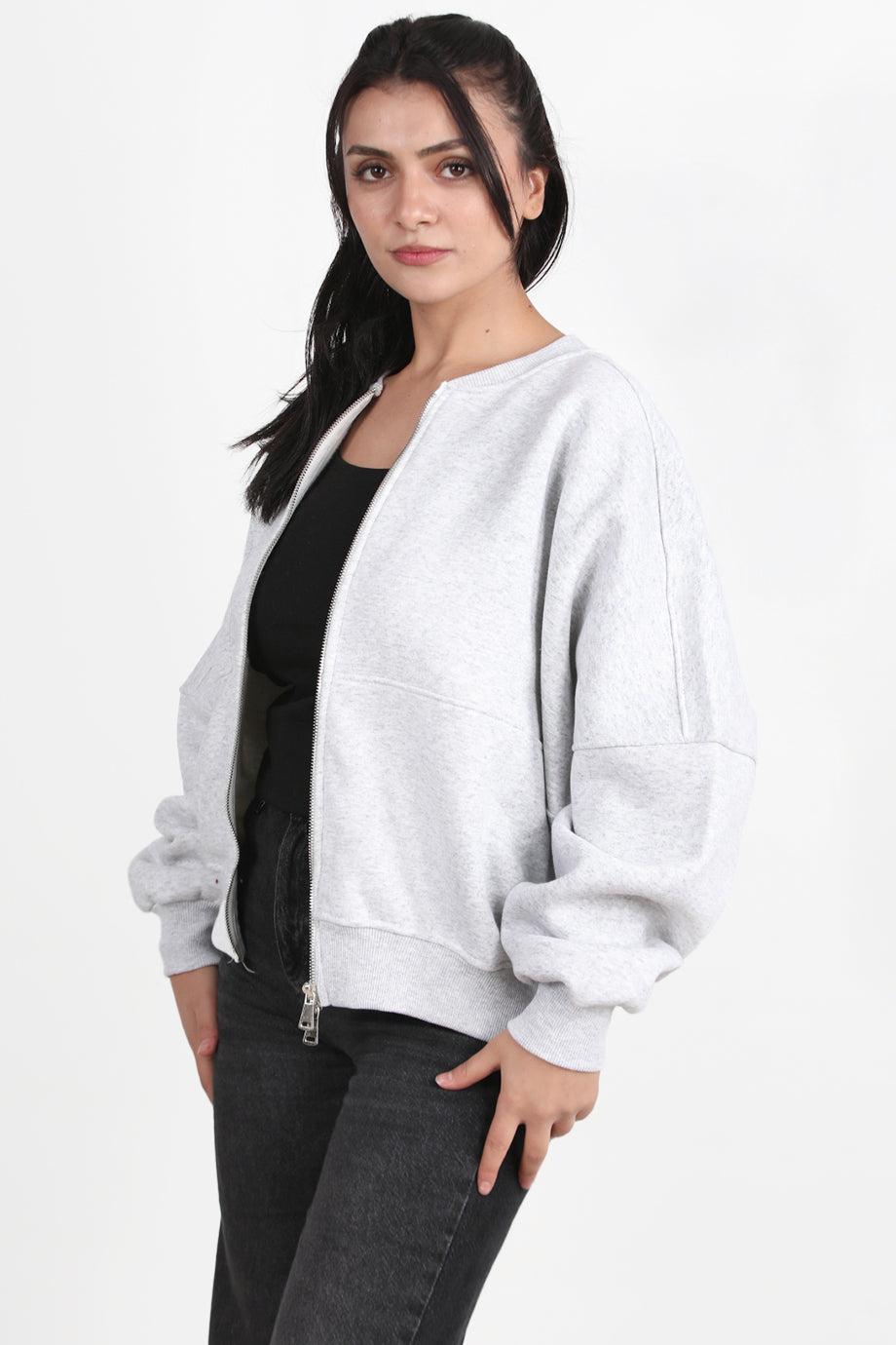 Zipperon Kadın Önü Fermuarlı Parçalı Sweat Ekru