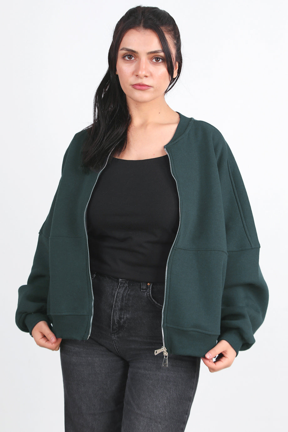 Zipperon Kadın Önü Fermuarlı Parçalı Sweat Füme