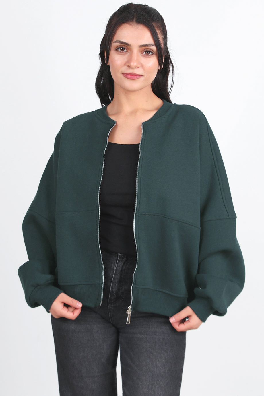 Zipperon Kadın Önü Fermuarlı Parçalı Sweat Füme