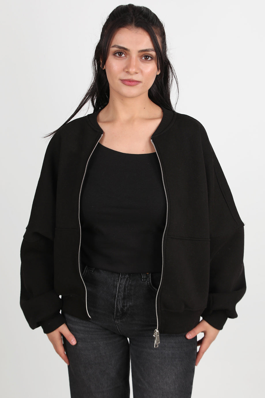 Zipperon Kadın Önü Fermuarlı Parçalı Sweat Siyah