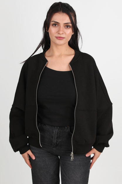 Zipperon Kadın Önü Fermuarlı Parçalı Sweat Siyah