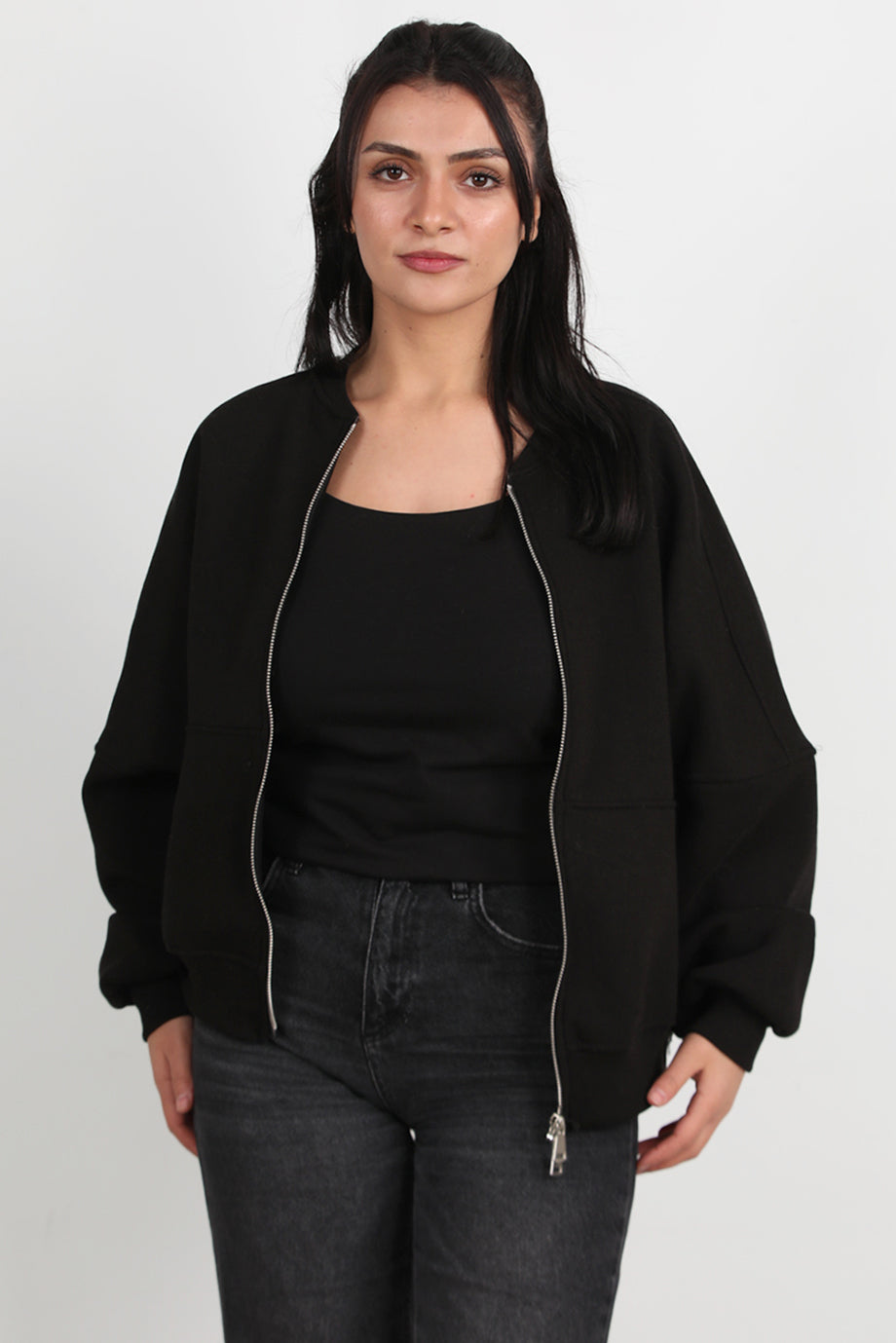 Zipperon Kadın Önü Fermuarlı Parçalı Sweat Siyah