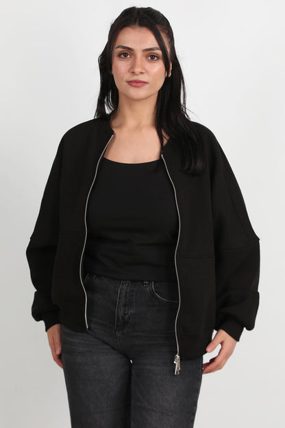 Zipperon Kadın Önü Fermuarlı Parçalı Sweat Siyah