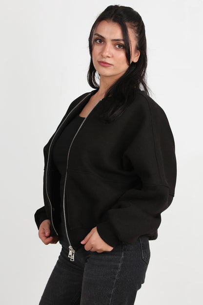 Zipperon Kadın Önü Fermuarlı Parçalı Sweat Siyah