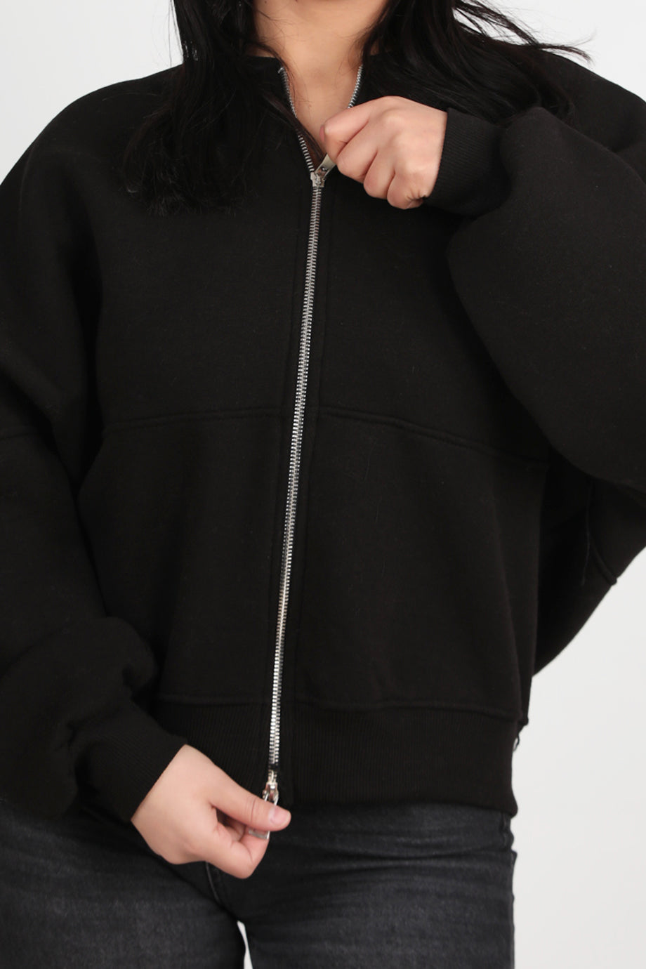 Zipperon Kadın Önü Fermuarlı Parçalı Sweat Siyah