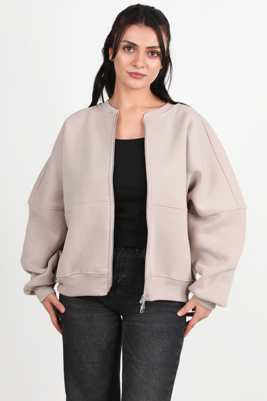Zipperon Kadın Önü Fermuarlı Parçalı Sweat Vizon