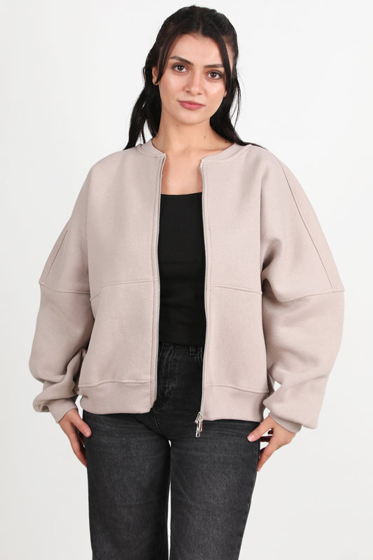 Zipperon Kadın Önü Fermuarlı Parçalı Sweat Vizon