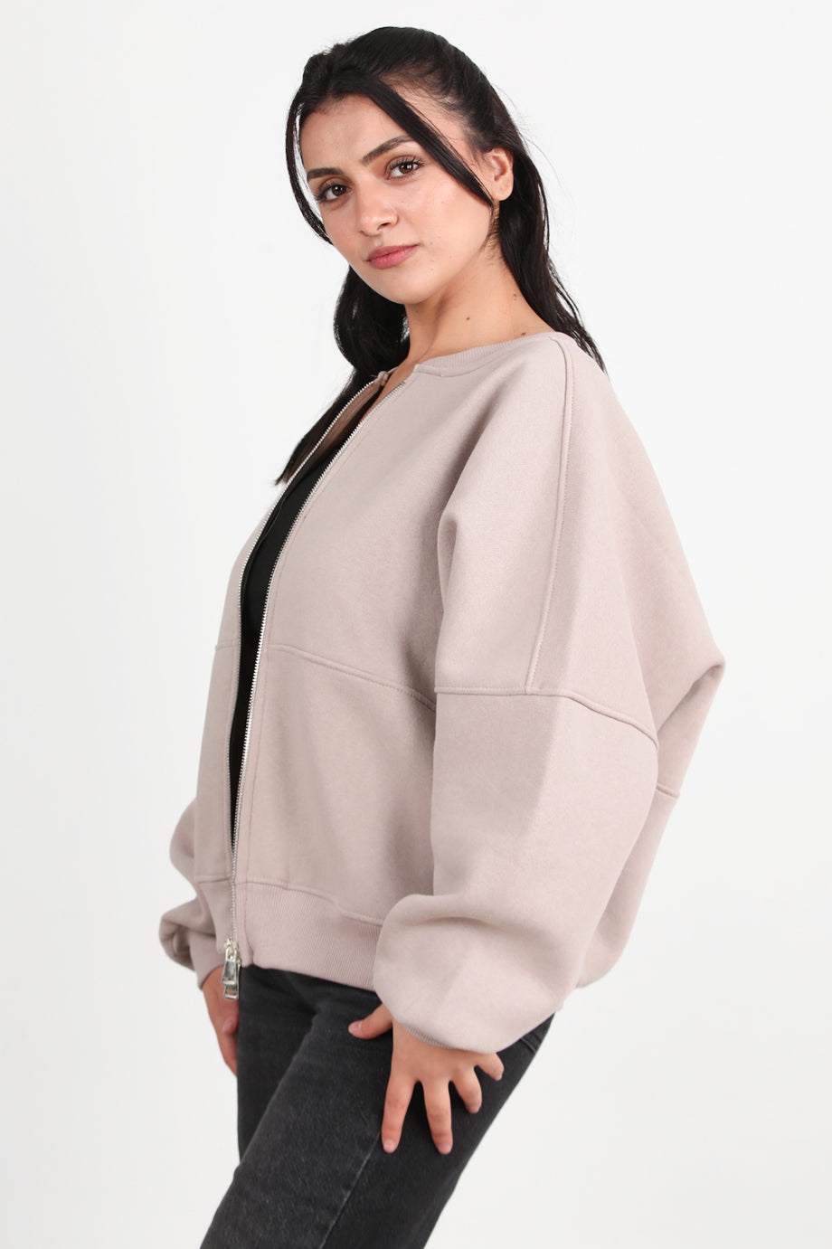 Zipperon Kadın Önü Fermuarlı Parçalı Sweat Vizon