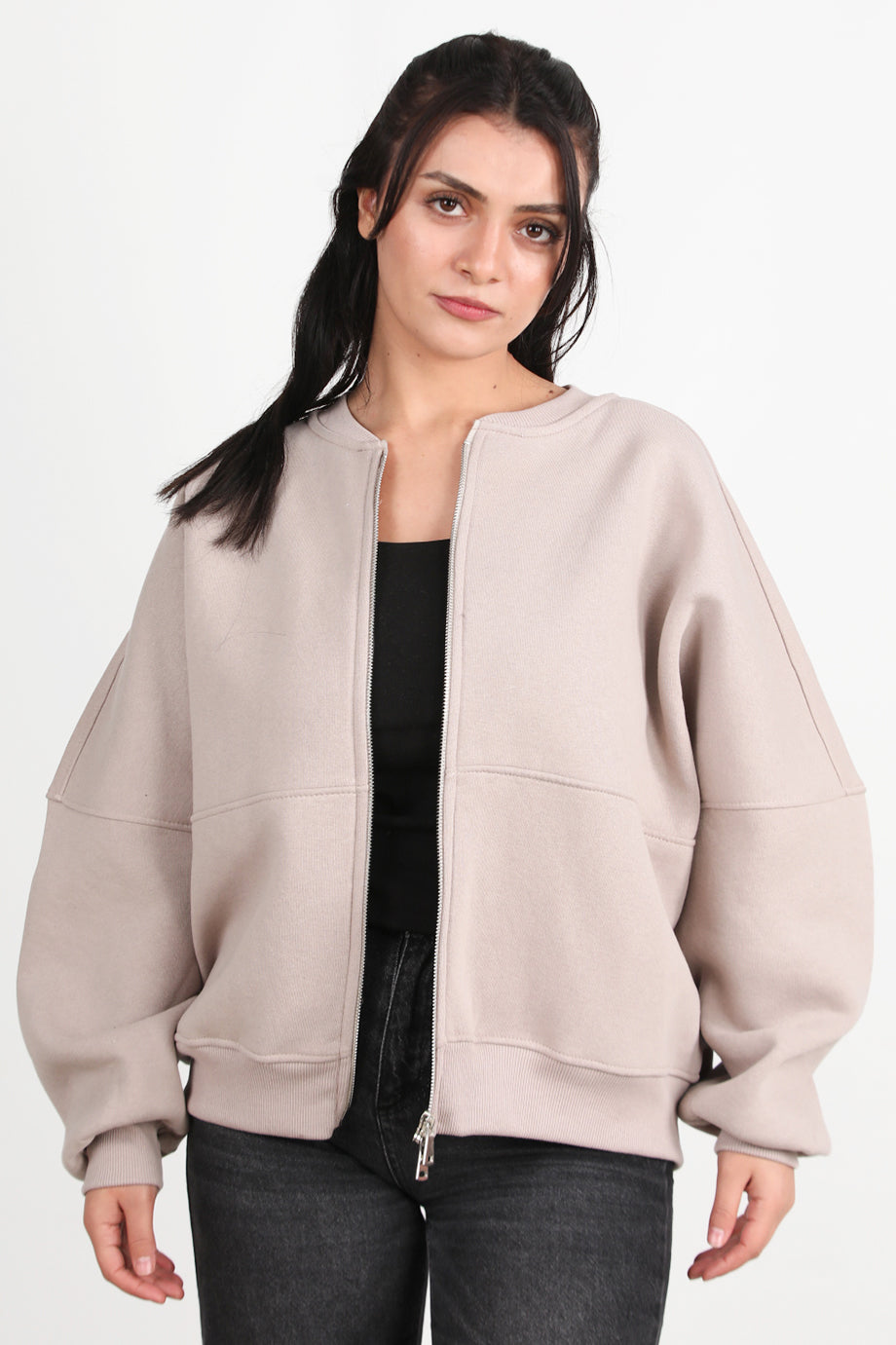 Zipperon Kadın Önü Fermuarlı Parçalı Sweat Vizon