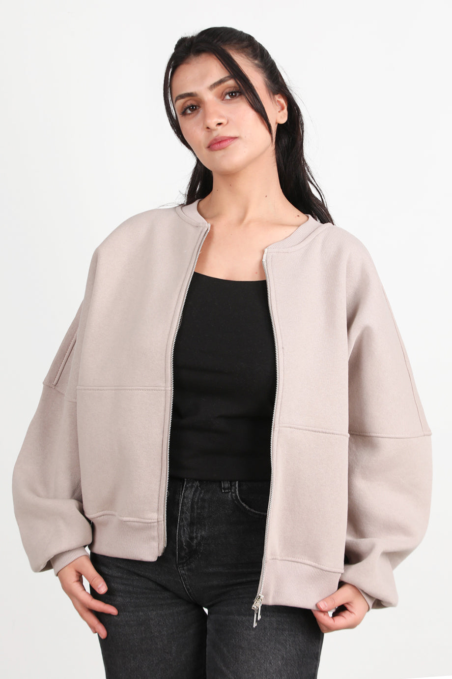 Zipperon Kadın Önü Fermuarlı Parçalı Sweat Vizon