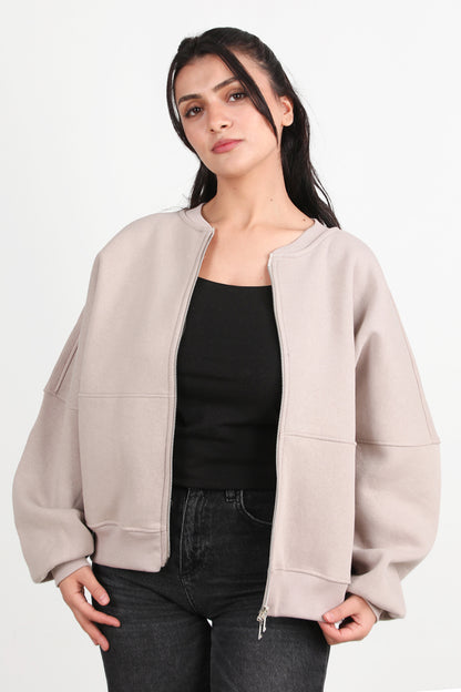 Zipperon Kadın Önü Fermuarlı Parçalı Sweat Vizon