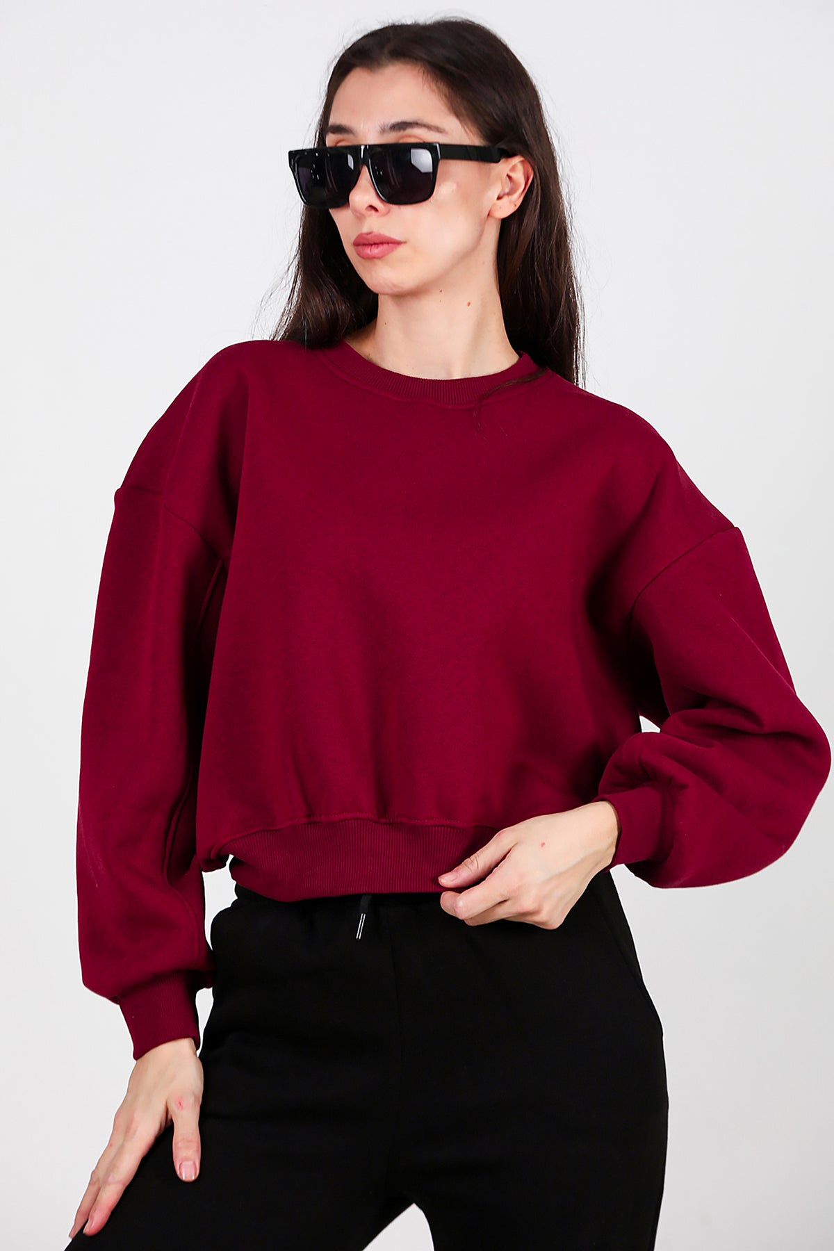Kadın Oversize Bisiklet Yaka Sweat Bordo