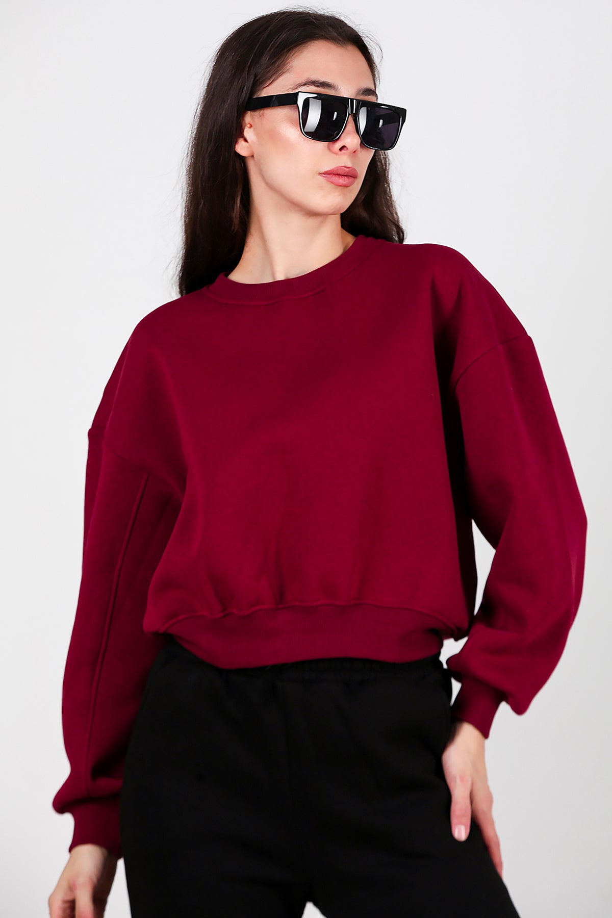 Kadın Oversize Bisiklet Yaka Sweat Bordo