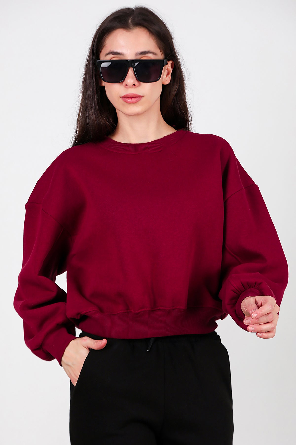 Kadın Oversize Bisiklet Yaka Sweat Bordo