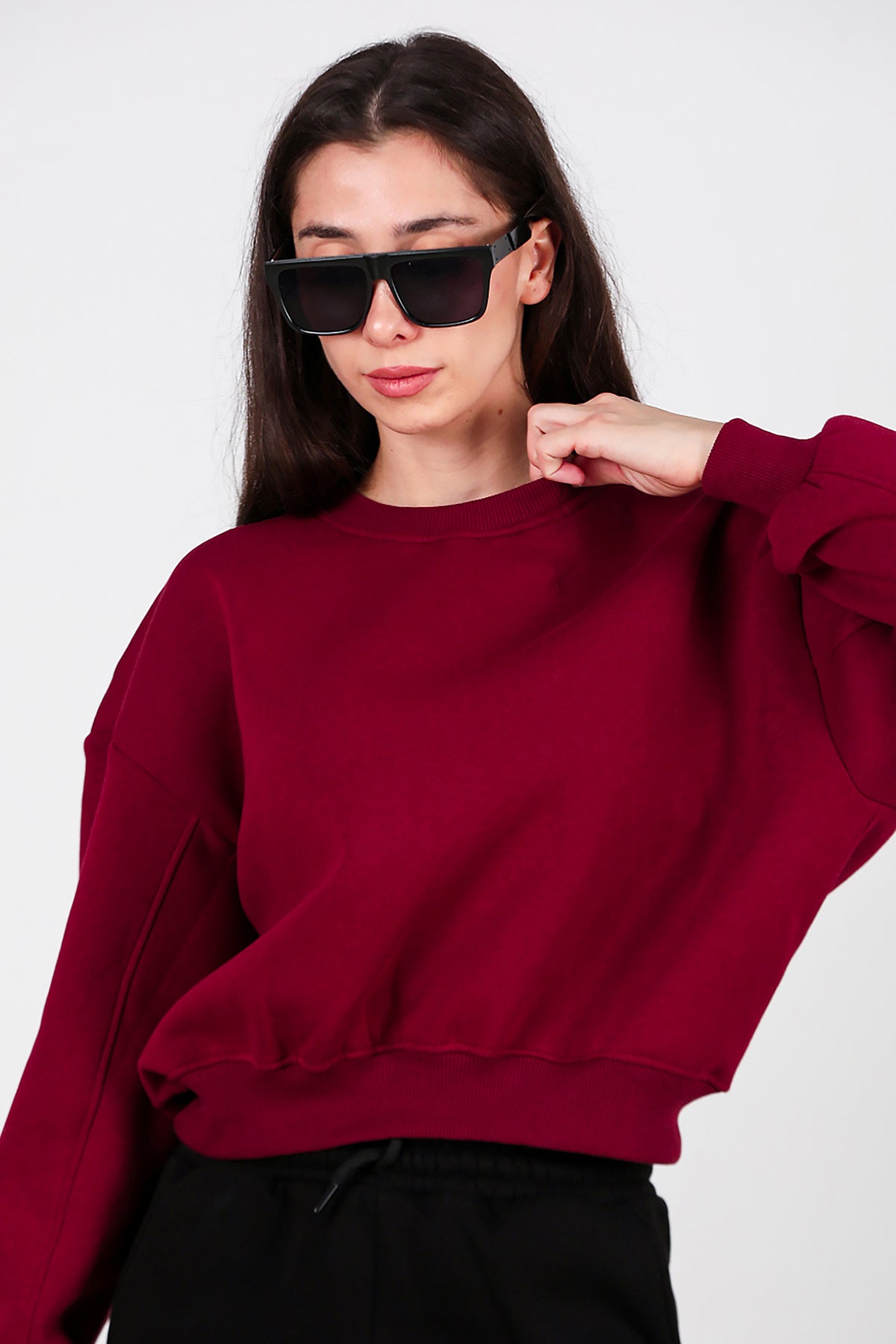 Kadın Oversize Bisiklet Yaka Sweat Bordo