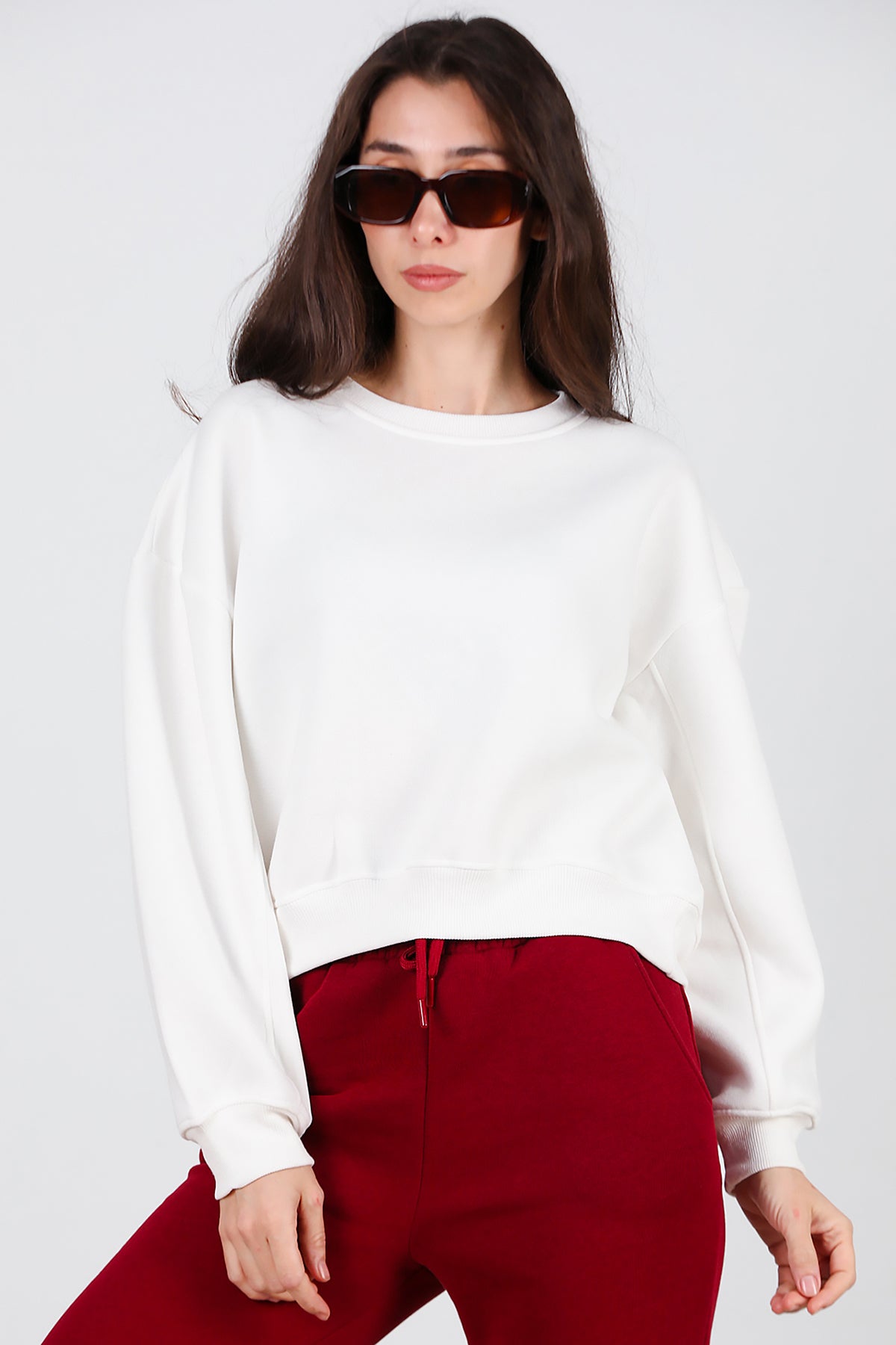 Kadın Oversize Bisiklet Yaka Sweat Ekru