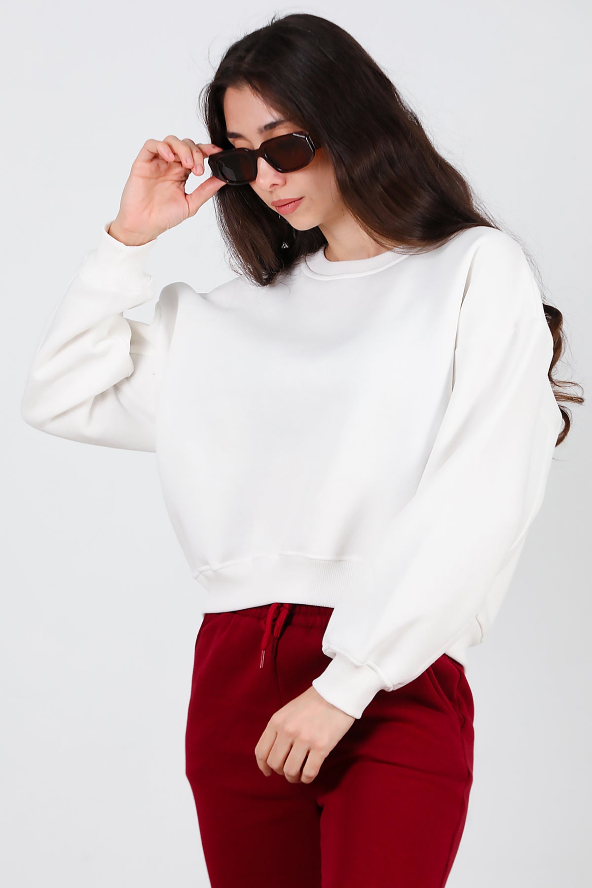 Kadın Oversize Bisiklet Yaka Sweat Ekru