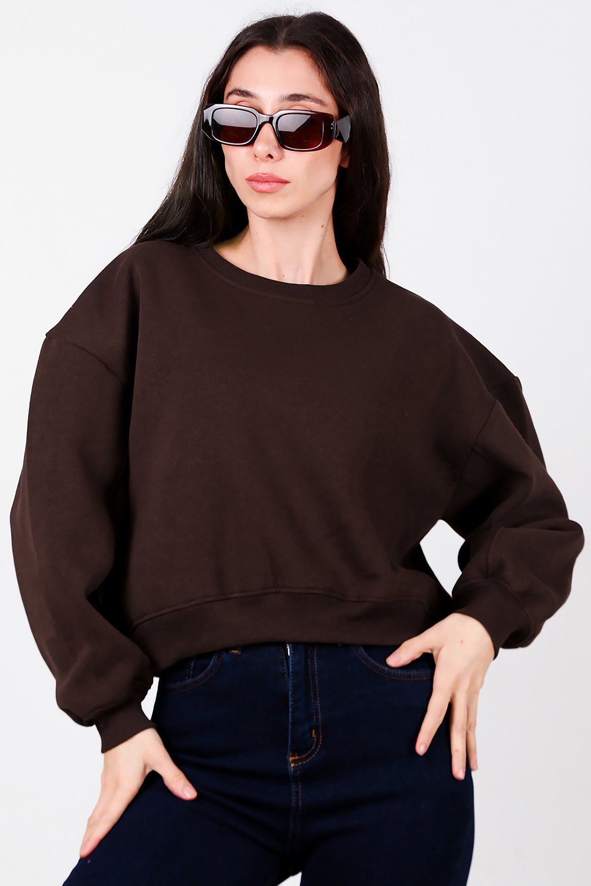 Kadın Oversize Bisiklet Yaka Sweat Kahverengi