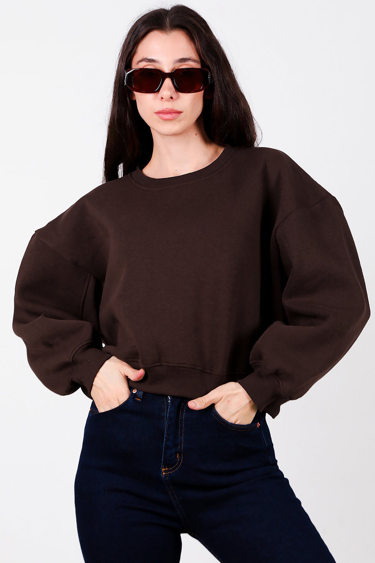 Kadın Oversize Bisiklet Yaka Sweat Kahverengi