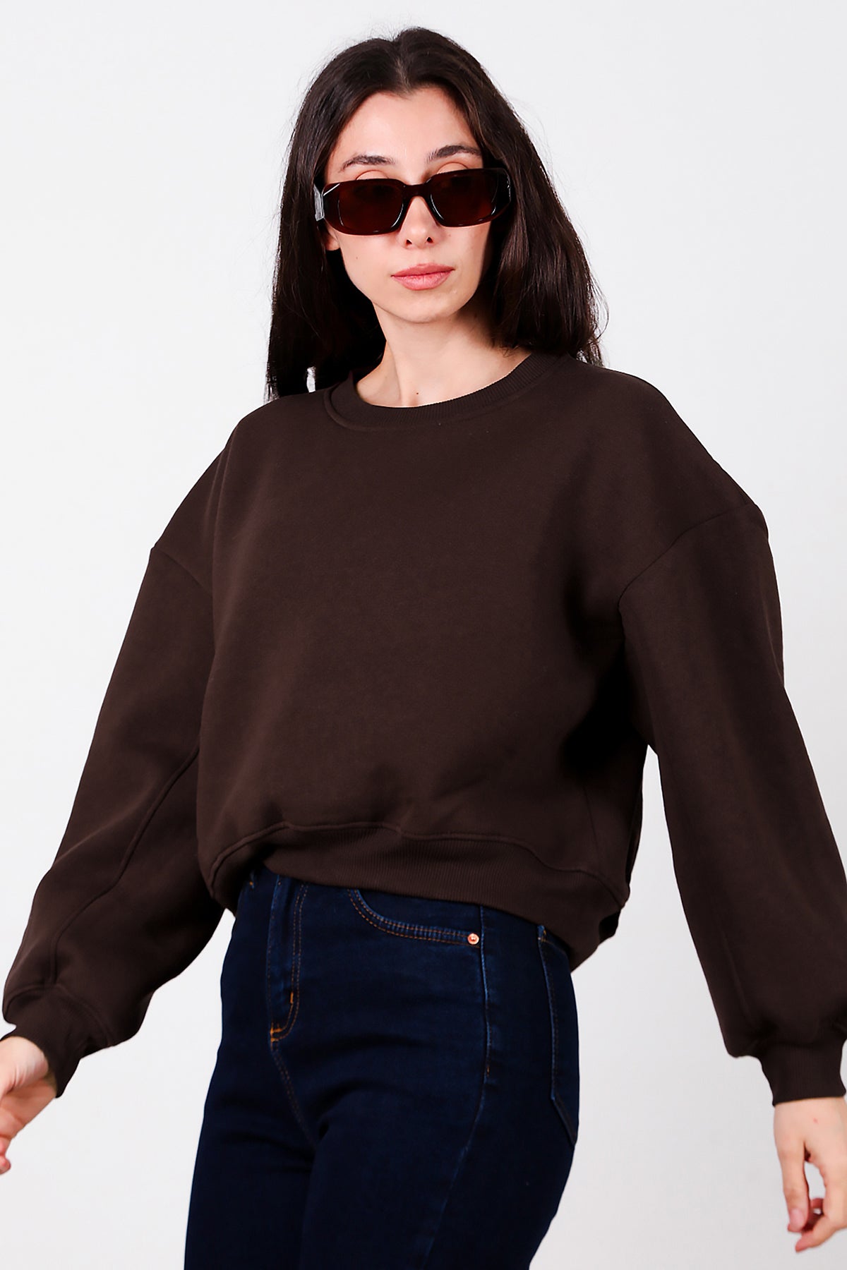 Kadın Oversize Bisiklet Yaka Sweat Kahverengi