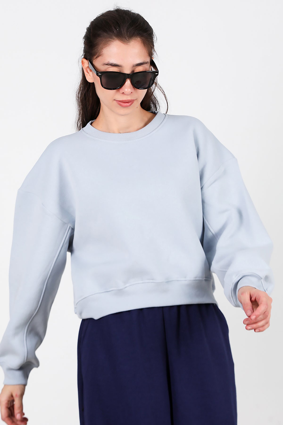 Kadın Oversize Bisiklet Yaka Sweat Mavi