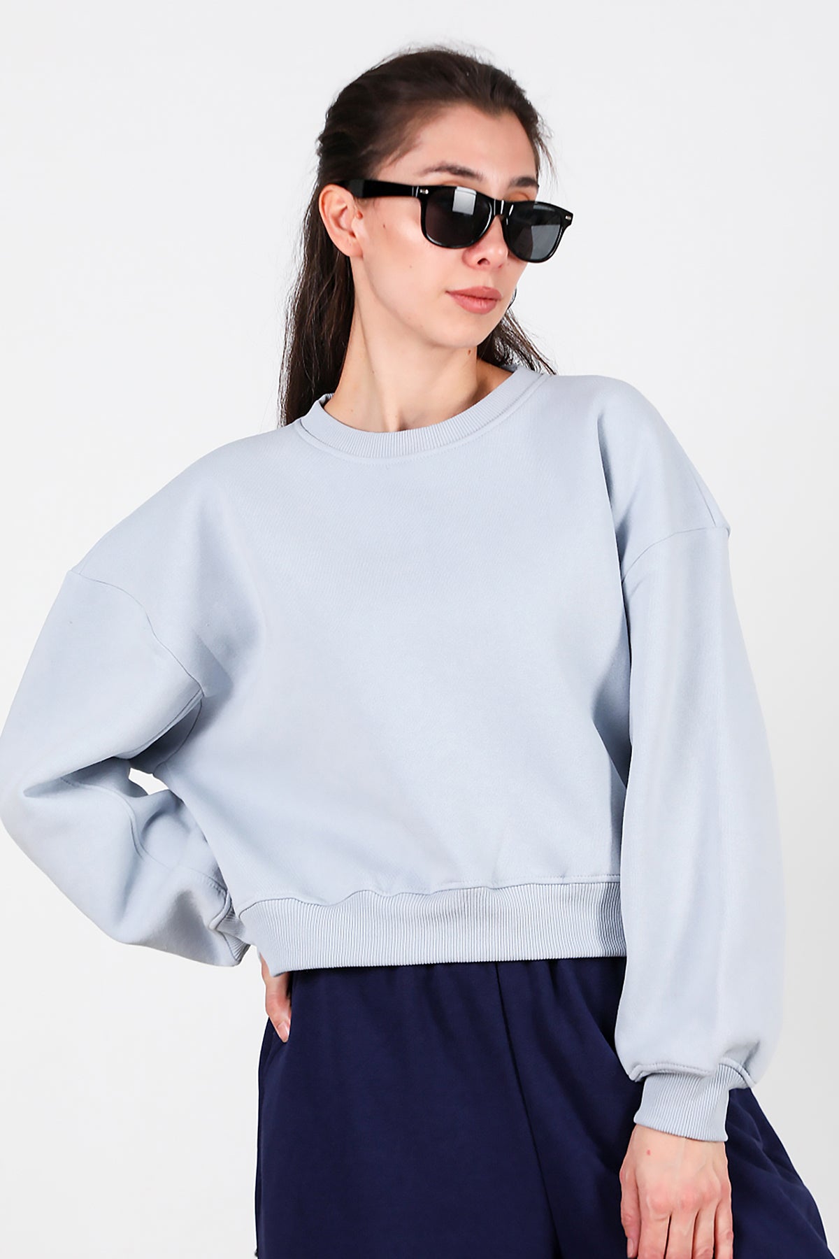 Kadın Oversize Bisiklet Yaka Sweat Mavi