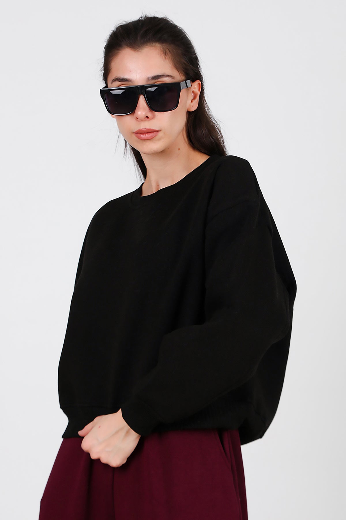 Kadın Oversize Bisiklet Yaka Sweat Siyah