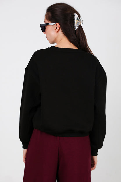 Kadın Oversize Bisiklet Yaka Sweat Siyah