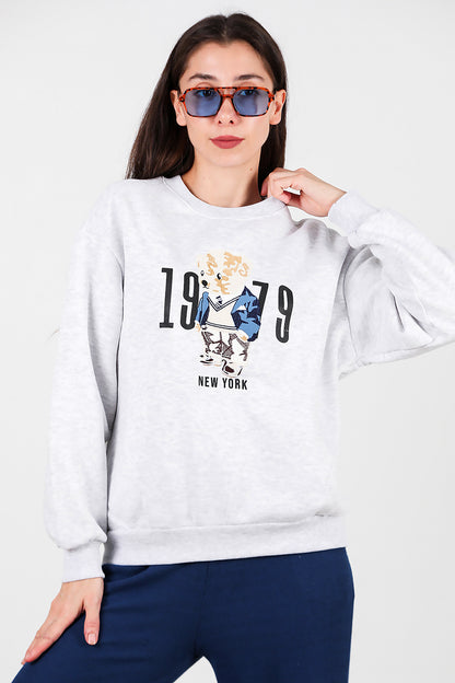 Kadın Nakışlı Şardonlu Bisiklet Yaka Sweat Gri