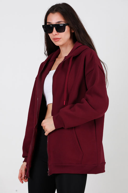Kadın Kapşonlu Fermuarlı Oversize Üç İplik Sweat Bordo