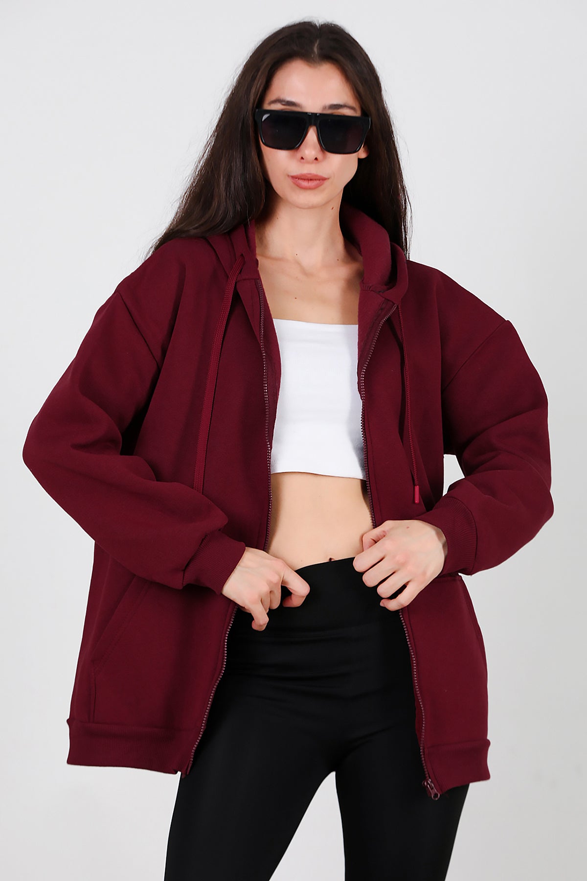 Kadın Kapşonlu Fermuarlı Oversize Üç İplik Sweat Bordo