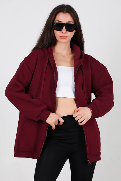 Kadın Kapşonlu Fermuarlı Oversize Üç İplik Sweat Bordo