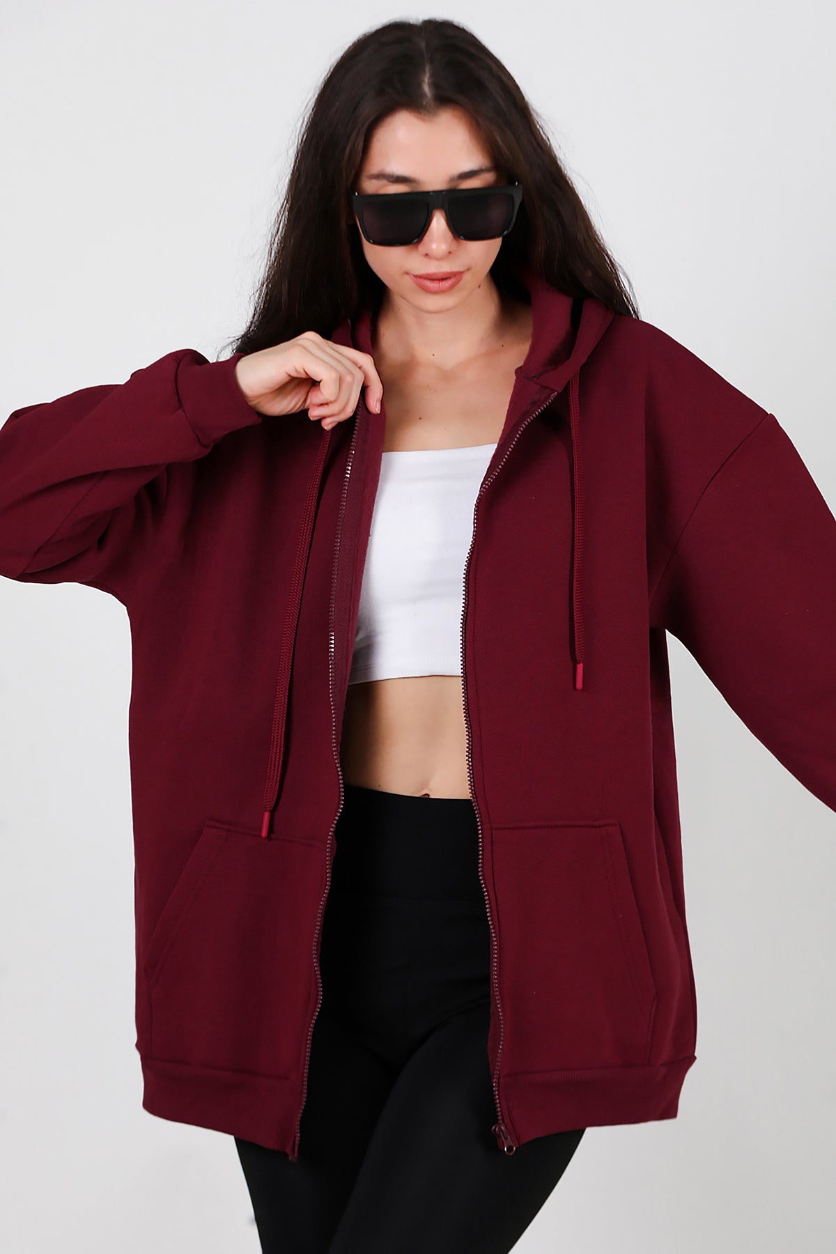 Kadın Kapşonlu Fermuarlı Oversize Üç İplik Sweat Bordo