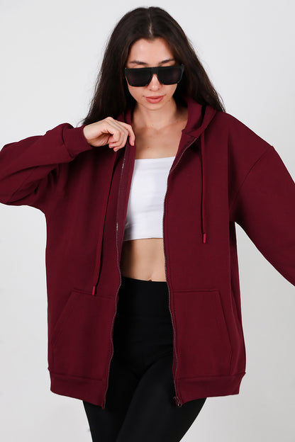 Kadın Kapşonlu Fermuarlı Oversize Üç İplik Sweat Bordo