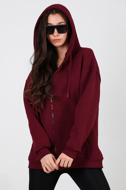 Kadın Kapşonlu Fermuarlı Oversize Üç İplik Sweat Bordo
