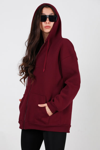 Kadın Kapşonlu Fermuarlı Oversize Üç İplik Sweat Bordo