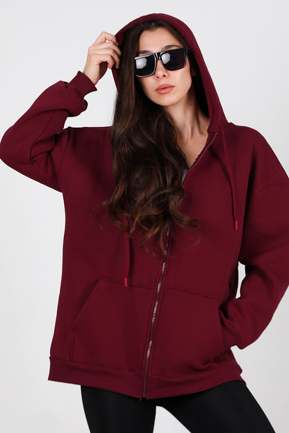 Kadın Kapşonlu Fermuarlı Oversize Üç İplik Sweat Bordo