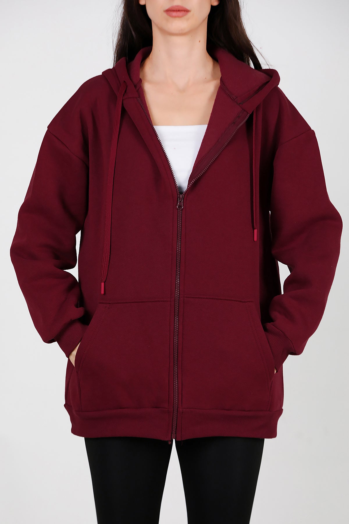 Kadın Kapşonlu Fermuarlı Oversize Üç İplik Sweat Bordo