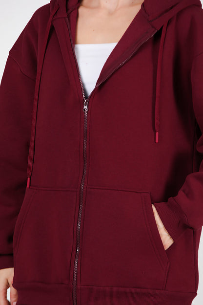 Kadın Kapşonlu Fermuarlı Oversize Üç İplik Sweat Bordo