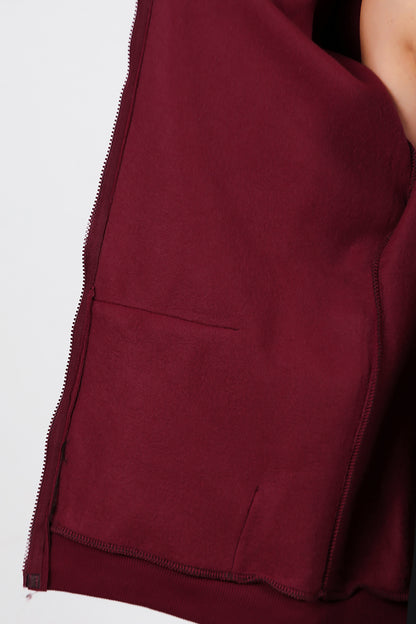 Kadın Kapşonlu Fermuarlı Oversize Üç İplik Sweat Bordo