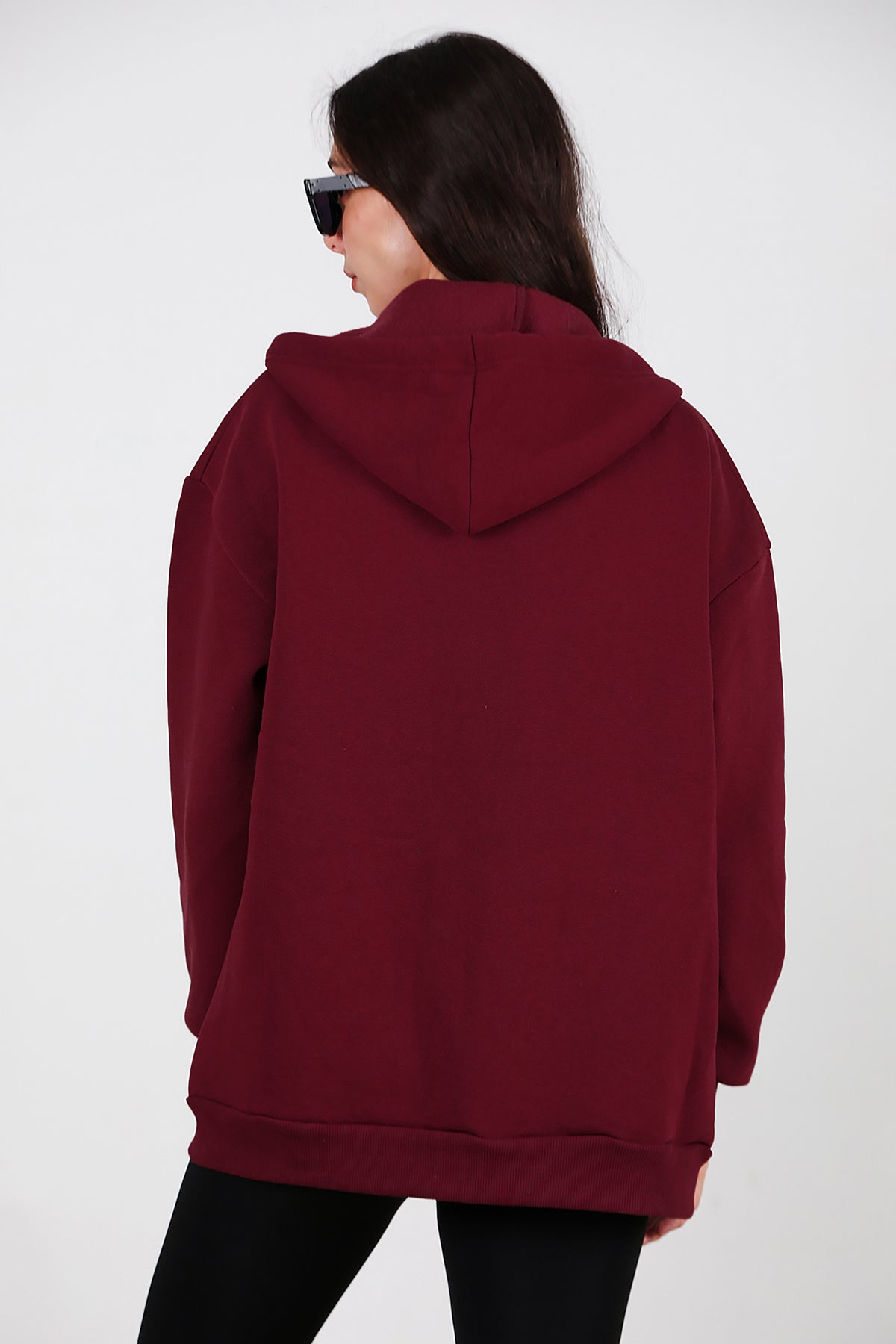 Kadın Kapşonlu Fermuarlı Oversize Üç İplik Sweat Bordo