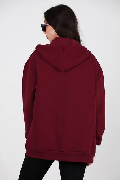 Kadın Kapşonlu Fermuarlı Oversize Üç İplik Sweat Bordo