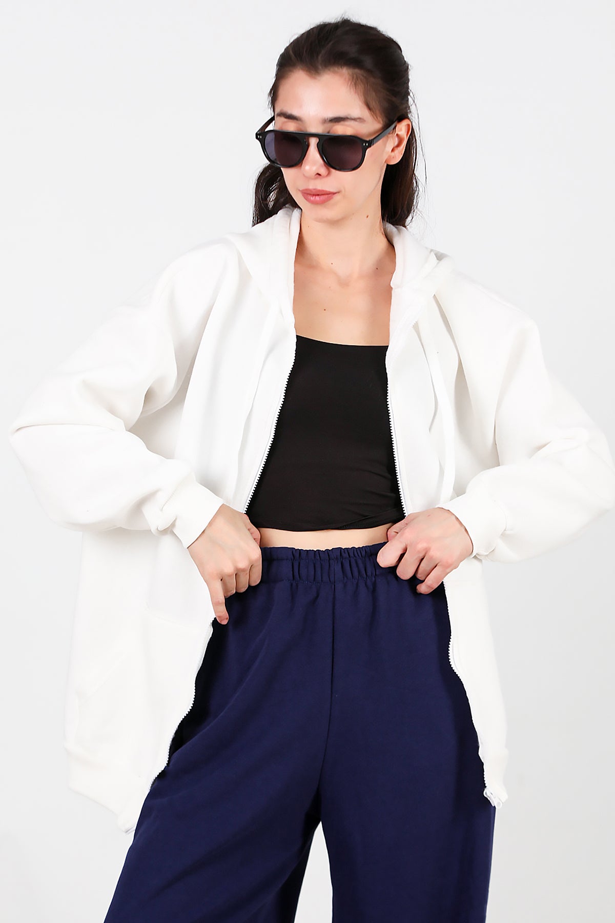 Kadın Kapşonlu Fermuarlı Oversize Üç İplik Sweat Beyaz